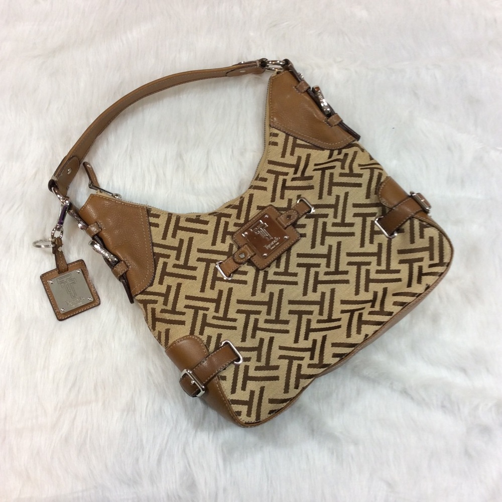 Tignanello hobo tote shoulder bag purse brown and tan monogrammed